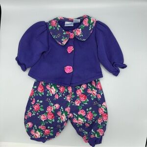 Vintage 90s Baby Crest 2 Pc Outfit Girls 12 Months Purple Pink Roses Baby Core